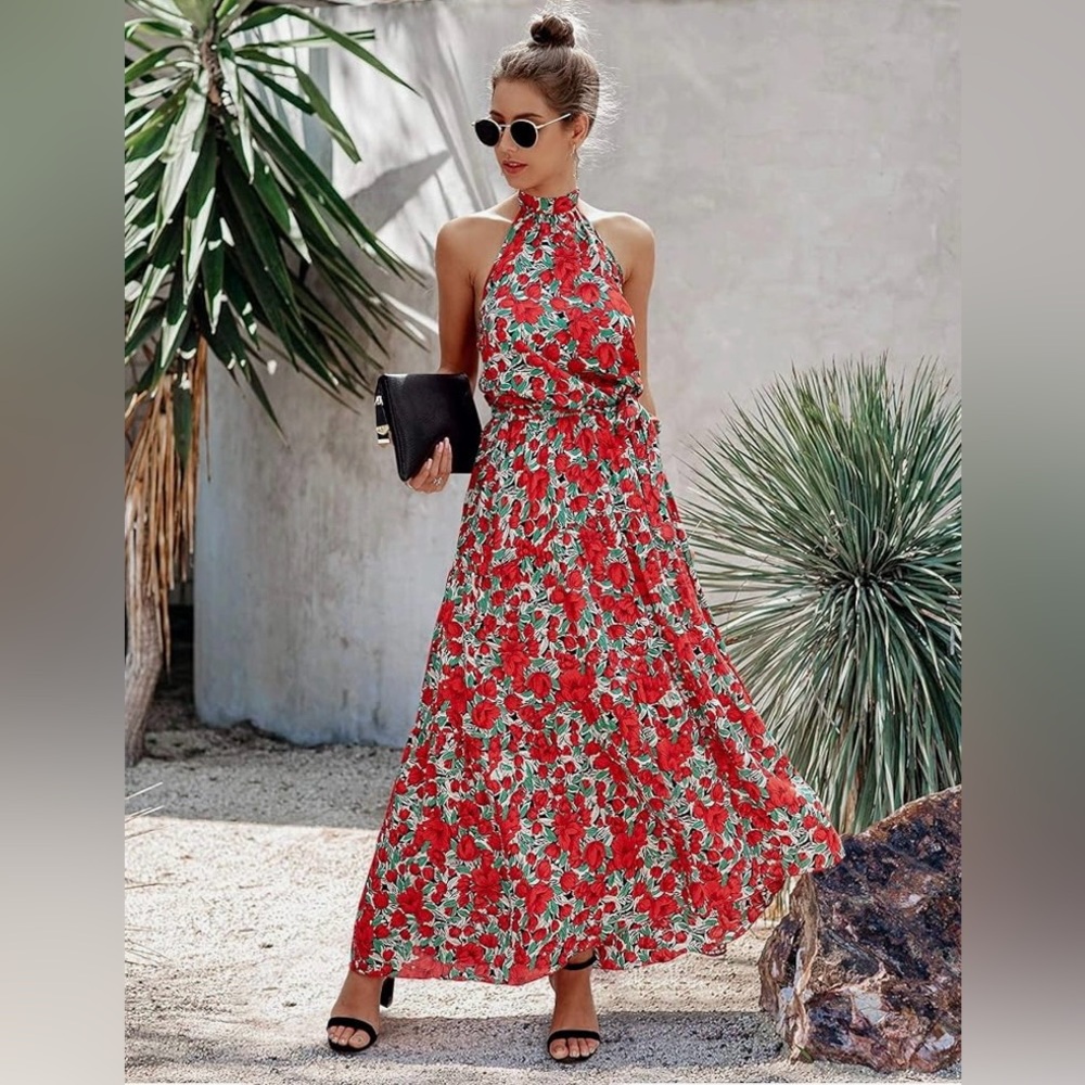 NWOT! PRETTYGARDEN Womens Halter Neck Floral Boho Ruffle Maxi Dress - Large